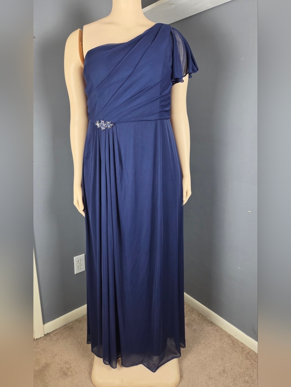David's Bridal Blue Ruched One Shoulder Gown